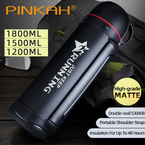 Pinkah Thermos 1.2L 1.5L 1.9L Large Capacity Over 48H Insulation Vacuum Kettle With Shoulder Strap Outdoor with Handle Water Pot