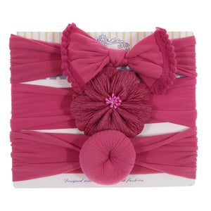 New 3pcs/lot Fashion Baby Nylon Bow Headband Newborn Bowknot Round Ball Headwrap Flower Turban Girls Kids Hair Bands Gift Sets