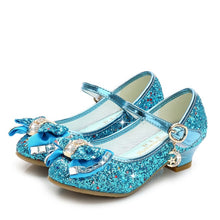 Load image into Gallery viewer, 2020 Princess Kids Leather Shoes for Girls Flower Casual Glitter Children High Heel Girls Shoes Butterfly Knot Blue Pink Silver