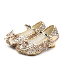Load image into Gallery viewer, 2020 Princess Kids Leather Shoes for Girls Flower Casual Glitter Children High Heel Girls Shoes Butterfly Knot Blue Pink Silver
