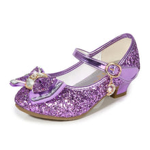 Load image into Gallery viewer, 2020 Princess Kids Leather Shoes for Girls Flower Casual Glitter Children High Heel Girls Shoes Butterfly Knot Blue Pink Silver