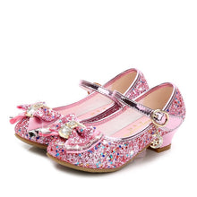 Load image into Gallery viewer, 2020 Princess Kids Leather Shoes for Girls Flower Casual Glitter Children High Heel Girls Shoes Butterfly Knot Blue Pink Silver