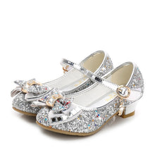 Load image into Gallery viewer, 2020 Princess Kids Leather Shoes for Girls Flower Casual Glitter Children High Heel Girls Shoes Butterfly Knot Blue Pink Silver