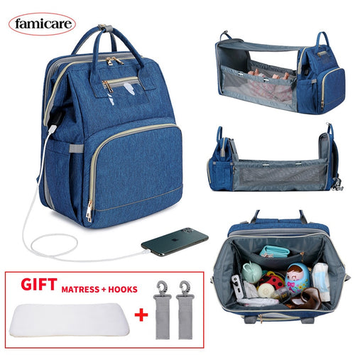 Diaper Bag Multifunctional Baby Folding Bed Rucksack Mom Dads USB Backpack Maternity Nursing Handbag Stroller Traveling Knapsack