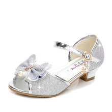 Load image into Gallery viewer, 2020 Princess Kids Leather Shoes for Girls Flower Casual Glitter Children High Heel Girls Shoes Butterfly Knot Blue Pink Silver