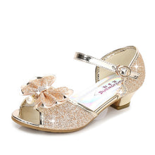 Load image into Gallery viewer, 2020 Princess Kids Leather Shoes for Girls Flower Casual Glitter Children High Heel Girls Shoes Butterfly Knot Blue Pink Silver