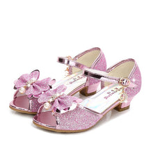 Load image into Gallery viewer, 2020 Princess Kids Leather Shoes for Girls Flower Casual Glitter Children High Heel Girls Shoes Butterfly Knot Blue Pink Silver