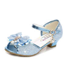 Load image into Gallery viewer, 2020 Princess Kids Leather Shoes for Girls Flower Casual Glitter Children High Heel Girls Shoes Butterfly Knot Blue Pink Silver