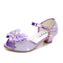 Load image into Gallery viewer, 2020 Princess Kids Leather Shoes for Girls Flower Casual Glitter Children High Heel Girls Shoes Butterfly Knot Blue Pink Silver
