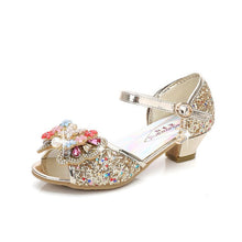 Load image into Gallery viewer, 2020 Princess Kids Leather Shoes for Girls Flower Casual Glitter Children High Heel Girls Shoes Butterfly Knot Blue Pink Silver
