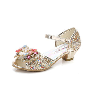2020 Princess Kids Leather Shoes for Girls Flower Casual Glitter Children High Heel Girls Shoes Butterfly Knot Blue Pink Silver