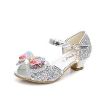 Load image into Gallery viewer, 2020 Princess Kids Leather Shoes for Girls Flower Casual Glitter Children High Heel Girls Shoes Butterfly Knot Blue Pink Silver