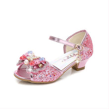 Load image into Gallery viewer, 2020 Princess Kids Leather Shoes for Girls Flower Casual Glitter Children High Heel Girls Shoes Butterfly Knot Blue Pink Silver