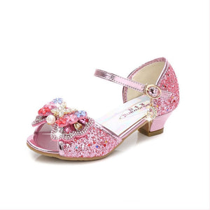 2020 Princess Kids Leather Shoes for Girls Flower Casual Glitter Children High Heel Girls Shoes Butterfly Knot Blue Pink Silver