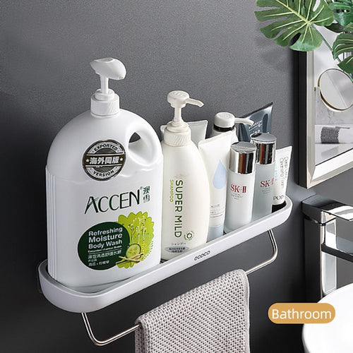 Bathroom Shelf Wall Mounted Shampoo Shower Shelves Holder Kitchen Washroom Storage Rack Organizer Towel Bar Bath Accessories