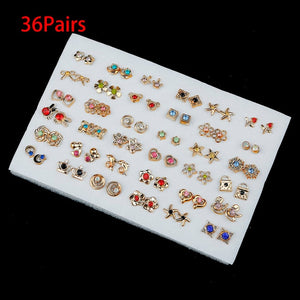 36/18/12Pairs Earrings Mixed Styles Rhinestone Sun Flower Geometric Animal Plastic Stud Earrings Set For Women Girls Jewelry
