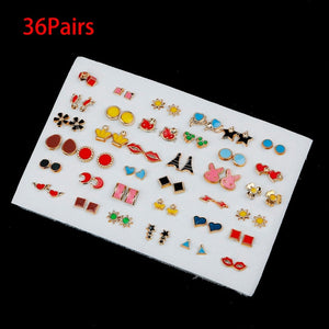 36/18/12Pairs Earrings Mixed Styles Rhinestone Sun Flower Geometric Animal Plastic Stud Earrings Set For Women Girls Jewelry