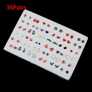 36/18/12Pairs Earrings Mixed Styles Rhinestone Sun Flower Geometric Animal Plastic Stud Earrings Set For Women Girls Jewelry