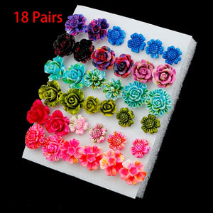 36/18/12Pairs Earrings Mixed Styles Rhinestone Sun Flower Geometric Animal Plastic Stud Earrings Set For Women Girls Jewelry