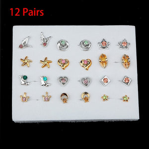 36/18/12Pairs Earrings Mixed Styles Rhinestone Sun Flower Geometric Animal Plastic Stud Earrings Set For Women Girls Jewelry