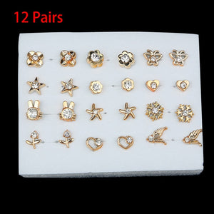 36/18/12Pairs Earrings Mixed Styles Rhinestone Sun Flower Geometric Animal Plastic Stud Earrings Set For Women Girls Jewelry