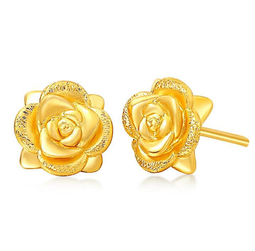Real Solid 24K Yellow Gold Earrings Women's Rose Flower Stud Earrings